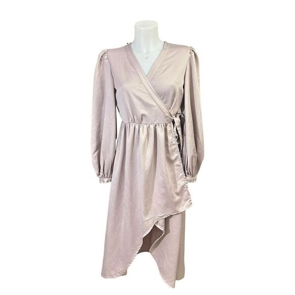Express‎ Pink Blush High Low Wrap Midi Dress Puff Long Sleeves size S/M - Picture 1 of 9